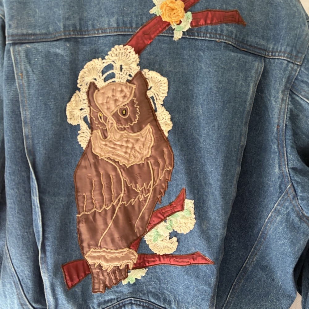 Vintage Elco Handmade Denim Jacket Embroidered Owl And Lace  Small Buttons - Picture 2 of 9